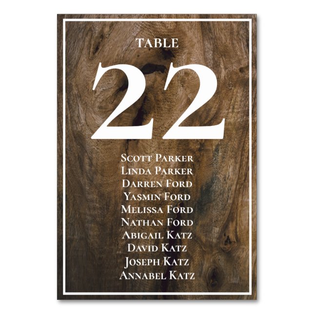 Rustikale Sitzkarte für Holzverheiratungen Tischnummer (Vorderseite)