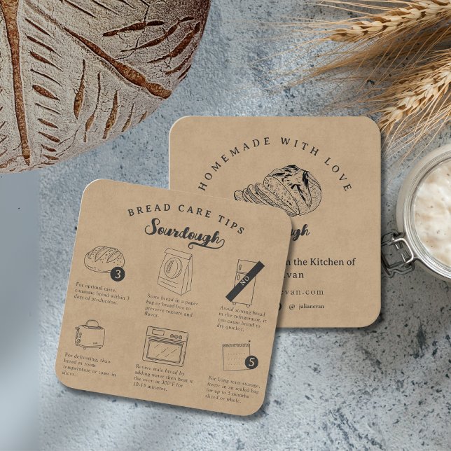Rustikale Sketch hausgemachte Tipps zur Brotreinig Quadratische Visitenkarte (Rustic Sketch Homemade Sourdough Bread Care Tips Square Business Card )