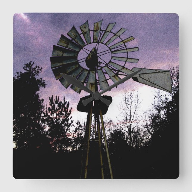 Rustikale skizzierte alte Windmühle Quadratische Wanduhr (Vorderseite)