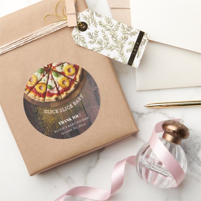 Rustikale Slice Slice Pizza Babydusche Runder Aufkleber (Schenken)