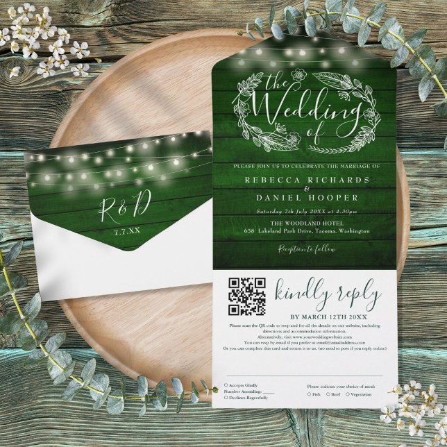 Rustikale Smarald Green String Lights QR Code Wedd All In One Einladung (Rustic Emerald Green String Lights QR Code Wedding All In One Invitation)