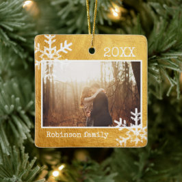 Rustikale Snowflake-Familie Gold Keramikornament