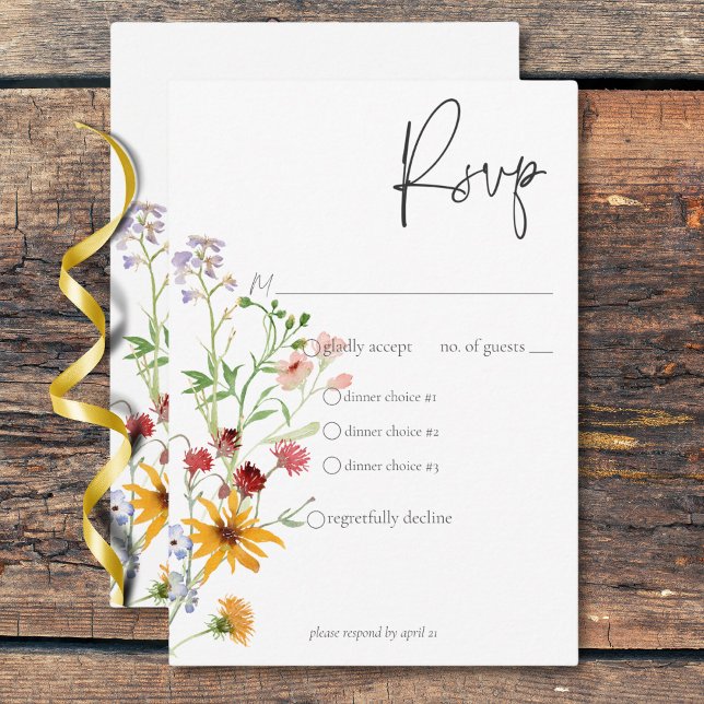 Rustikale Sommer-Wildblumen & Sonnenblumen Abendes RSVP Karte (Rustic Summer Wildflowers & Sunflowers Dinner RSVP Card)