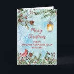 Rustikale Son & Daughter im Gesetz frohe Weihnacht Karte<br><div class="desc">Frohe Weihnachten für Sohn und Tochter in der Rechtskarte mit grünem Aquarell,  einem Kardinal und rustikalen Laterne und nachdenklichen Vers.</div>