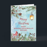 Rustikale Son & Daughter im Gesetz frohe Weihnacht Karte<br><div class="desc">Frohe Weihnachten für Sohn und Tochter in der Rechtskarte mit grünem Aquarell,  einem Kardinal und rustikalen Laterne und nachdenklichen Vers.</div>