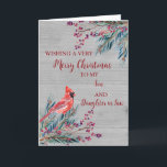 Rustikale Son & Daughter im Gesetz frohe Weihnacht Karte<br><div class="desc">Frohe Weihnachten für Sohn und Tochter in der Rechtskarte mit Aquarellfolien,  einem Kardinal und Holzmuster und nachdenklichem Vers.</div>