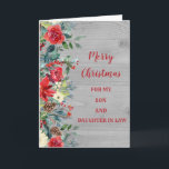 Rustikale Son & Daughter im Gesetz frohe Weihnacht Karte<br><div class="desc">Fröhliche Weihnachten für Sohn und Tochter in der Rechtskarte mit grünem Aquarell,  rustikalem Holzmuster und Pinecones und nachdenklichem Vers.</div>