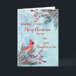 Rustikale Son & Daughter im Gesetz frohe Weihnacht Karte<br><div class="desc">Frohe Weihnachten für Sohn und Tochter in der Rechtskarte mit Aquarellfolien,  einem Kardinal und Aquarellschneemuster und nachdenklichem Vers.</div>