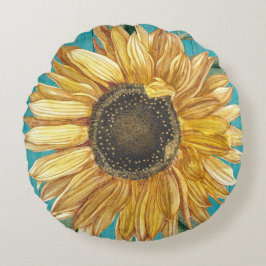 Rustikale Sonnenblume Aquamarin Blauer Bartholzker Rundes Kissen