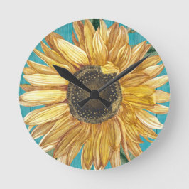 Rustikale Sonnenblume Aquamarin Blauer Stallenwald Runde Wanduhr