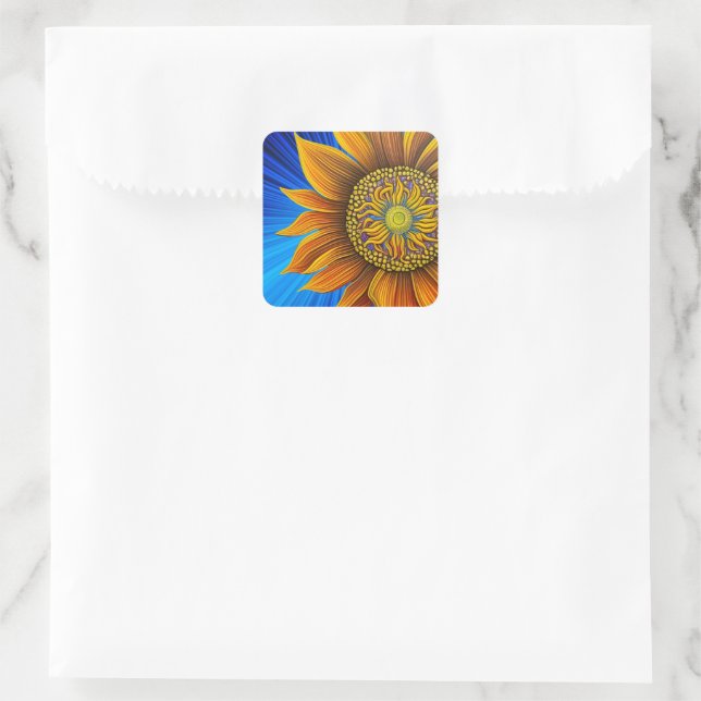 Rustikale Sonnenblume auf blau Quadratischer Aufkleber (Tasche)