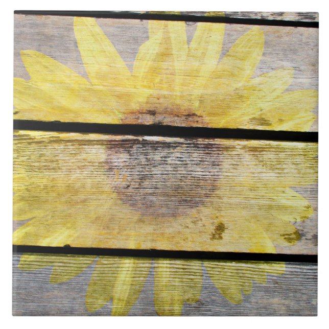 Rustikale Sonnenblume auf Holz Fliese (Vorderseite)