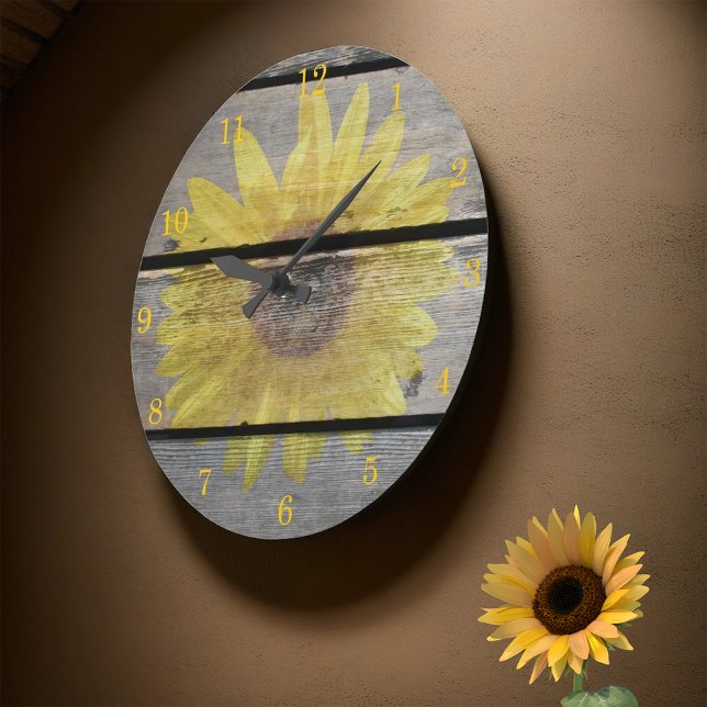 Rustikale Sonnenblume auf Holz Große Wanduhr (Von Creator hochgeladen)