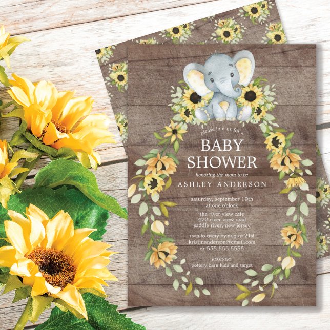 Rustikale Sonnenblume & Baby Elephant Baby Dusche Einladung (Von Creator hochgeladen)