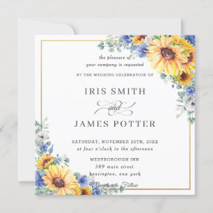 Rustikale Sonnenblume Blauer Gold Hochzeitsplatz Einladung