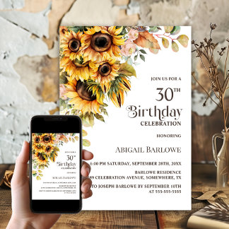 Rustikale Sonnenblume Blüte 30. Geburtstag Party Einladung