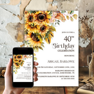 Rustikale Sonnenblume Blüte 40. Geburtstag Party Einladung