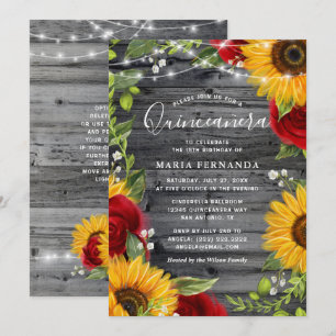 Rustikale Sonnenblume Burgund Rose Wood Quinceaner Einladung