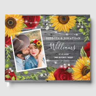 Rustikale Sonnenblume Burgund Rote Rose Wood Weddi Gästebuch