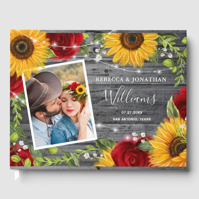 Rustikale Sonnenblume Burgund Rote Rose Wood Weddi Gästebuch (Vorderseite)