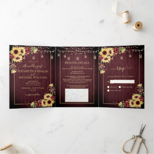 Rustikale Sonnenblume Burgundy Wood Floral Wedding Dreifach Gefaltete Einladung