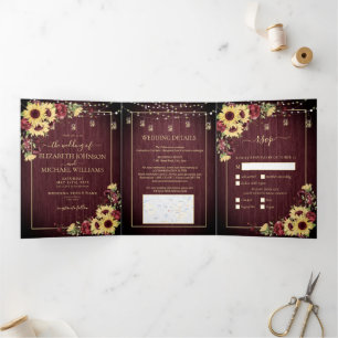 Rustikale Sonnenblume Burgundy Wood Floral Wedding Dreifach Gefaltete Einladung