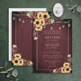 Rustikale Sonnenblume Burgundy Wood Floral Wedding Einladung