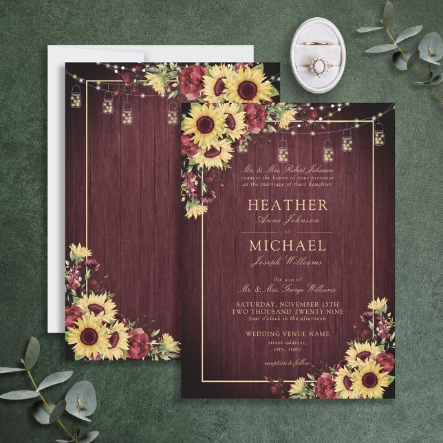 Rustikale Sonnenblume Burgundy Wood Floral Wedding Einladung (Von Creator hochgeladen)