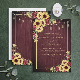 Rustikale Sonnenblume Burgundy Wood Floral Wedding Einladung