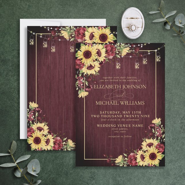 Rustikale Sonnenblume Burgundy Wood Floral Wedding Einladung (Von Creator hochgeladen)