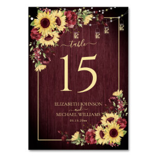 Rustikale Sonnenblume Burgundy Wood Floral Wedding Tischnummer