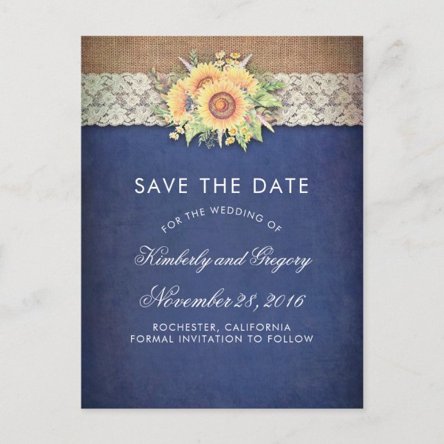 Rustikale Sonnenblume Burlap Navy Save the Date Ankündigungspostkarte (Vorderseite)