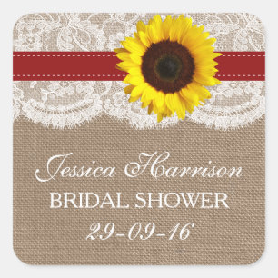 Rustikale Sonnenblume, Burlap- und Lace-Brautparty Quadratischer Aufkleber
