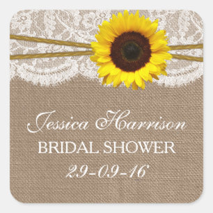 Rustikale Sonnenblume, Burlap- und Lace-Brautparty Quadratischer Aufkleber