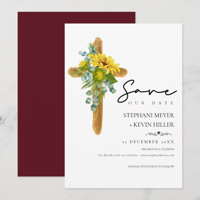 Rustikale Sonnenblume Christliche Cross Burgundy H Save The Date (Vorne/Hinten)