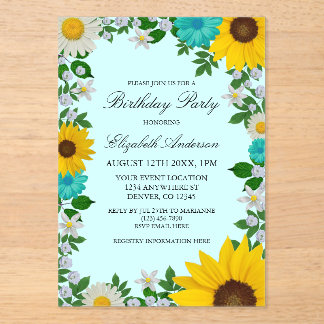 Rustikale Sonnenblume Daisy Floral Geburtstag Acryleinladungen