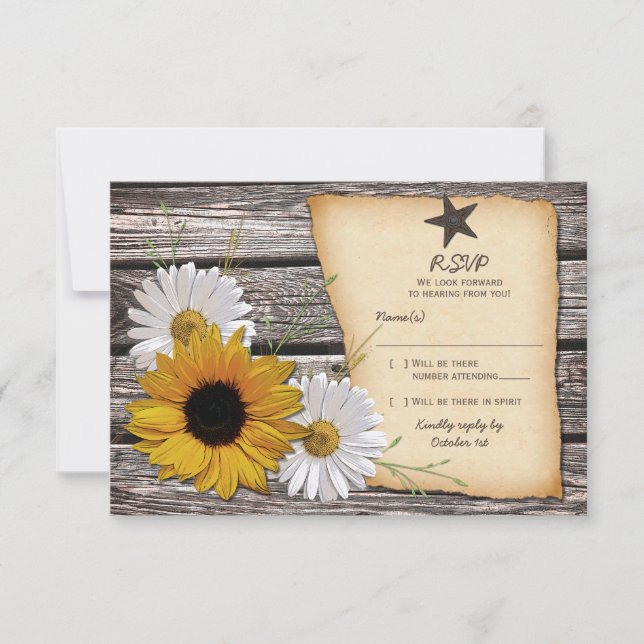 Rustikale Sonnenblume Daisy Wedding Replik Card RSVP Karte (Vorderseite)