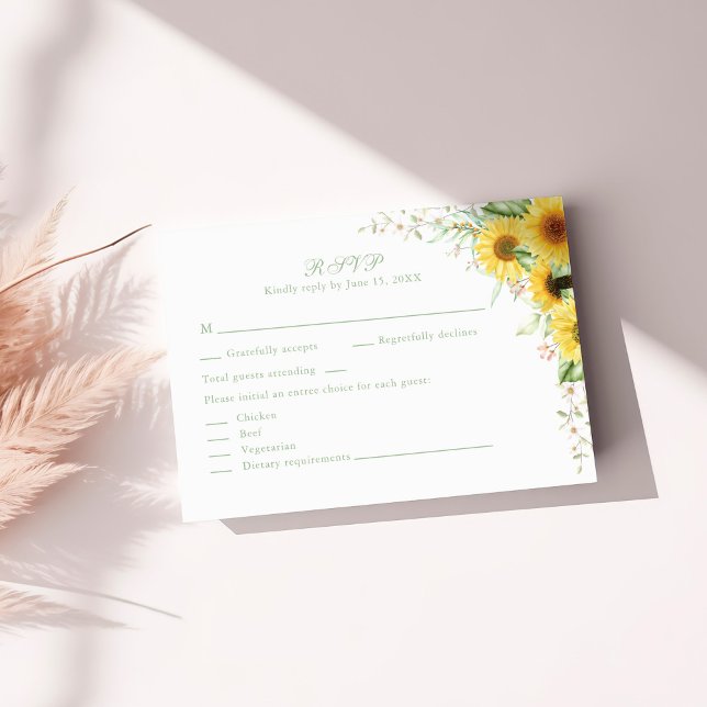 Rustikale Sonnenblume Delight Wedding RSVP Card Dankeskarte (Rustic Sunflower Delight Wedding RSVP Card on a white sunny table)
