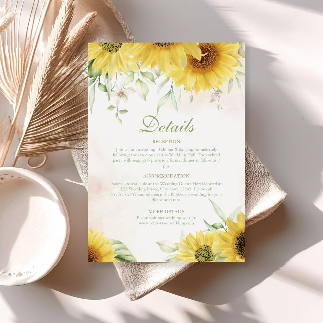 Rustikale Sonnenblume Details Enklavierungskarte Einladung (Rustic Sunflower Delight Details Enclorsure Card on a boho sunny table.)