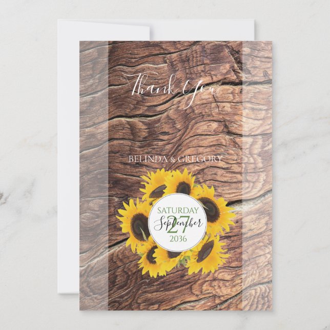 Rustikale Sonnenblume Hochzeit Danke Karte (Rückseite)