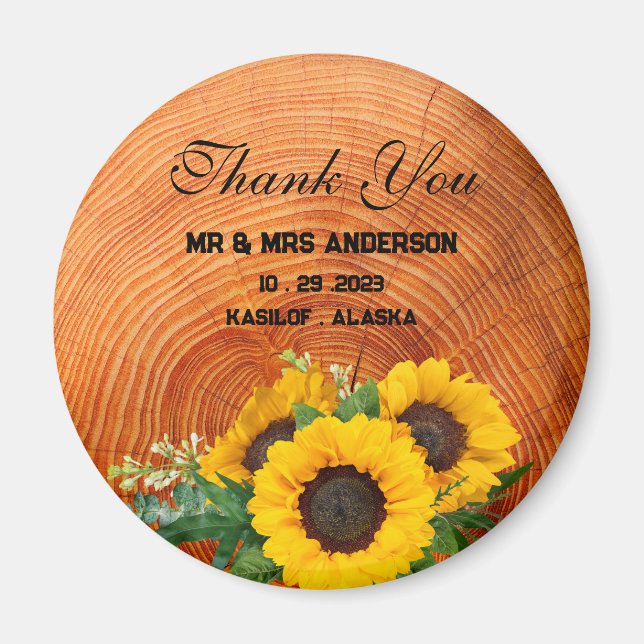 Rustikale Sonnenblume Holz Gastgeschenk Hochzeit G Magnet (Vorne)