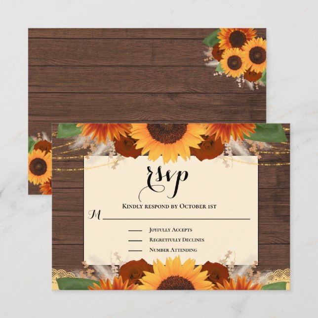 Rustikale Sonnenblume Holz Terracotta Wedding RSVP Karte (Vorne/Hinten)