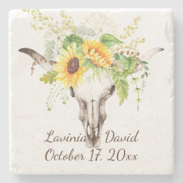 Rustikale Sonnenblume Kuh Skull Horns Bouquet Mono Steinuntersetzer