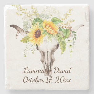 Rustikale Sonnenblume Kuh Skull Horns Bouquet Mono Steinuntersetzer