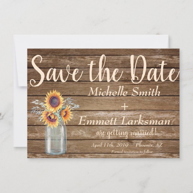 Rustikale Sonnenblume LandVintage Holz Save the Da Date (Vorderseite)