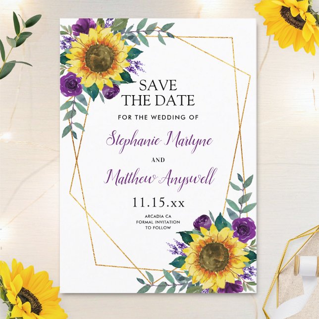 Rustikale Sonnenblume Lila Blumengeometrie Save The Date (Von Creator hochgeladen)