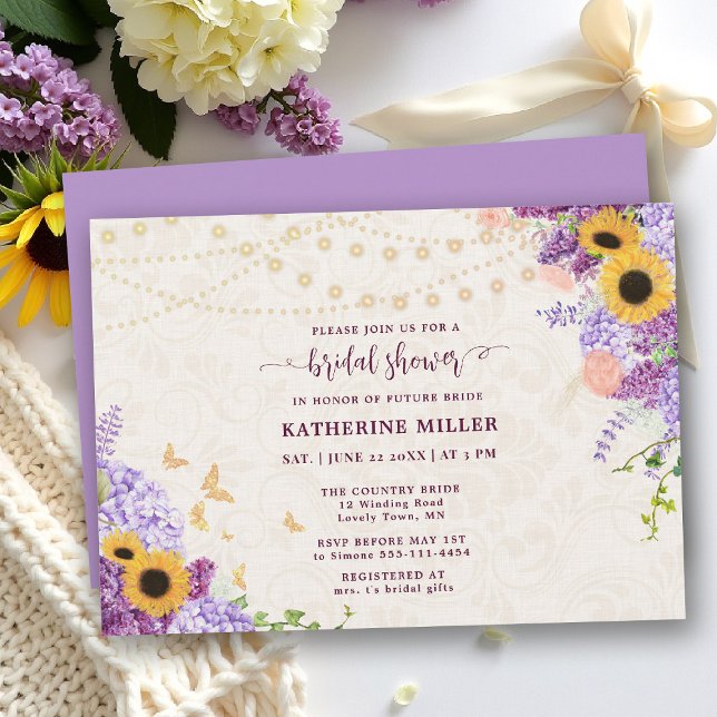 Rustikale Sonnenblume Lilac Beige Linen Brautparty Einladung (bridal shower invitation sunflower lilac hydrangea butterflies barn outdoors garden backyard rustic)