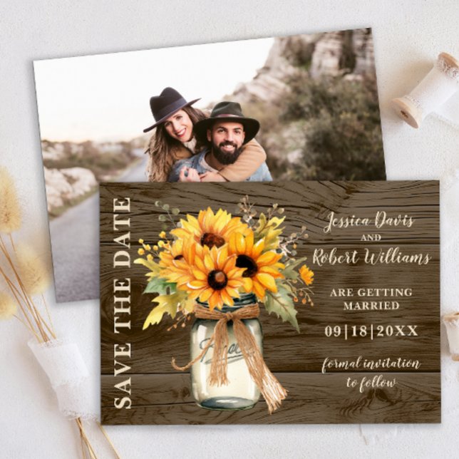 Rustikale Sonnenblume Mason Jar Save the Date (Rustic Sunflowers String lights save the date )