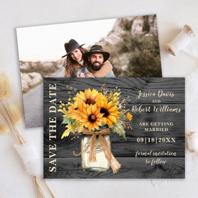 Rustikale Sonnenblume Mason Jar Save the Date (Rustic Sunflower String Lights Save the Date Photo Card)