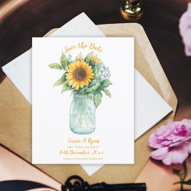Rustikale Sonnenblume Mason Jar Wedding Save the D Postkarte (Rustic Sunflower Mason Jar Wedding Save the Date Postcard)